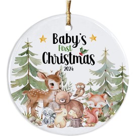 Woodland Baby's First Christmas Ceramic Ornament 2024, Baby 1st Christmas, New Baby Ornament for Girls Boys, Keepsake Pregnancy Newborn Baby Ceramic Ornaments, Xmas Tree Hanging Decorations