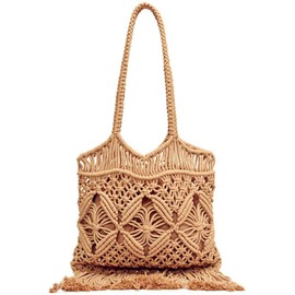 BAKAMITAYI woven bag,Summer Shoulder Bag Vintage Hand Woven Cotton Rope Hippie Style for Beach Vacation