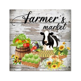 Farmer's Market Cow Wood Signs Retro Farm Harvest Wall Plaque Harvest Thanksgiving Wooden Plaque Home Wall Decoration For Women Office Bathroom Shelf Decor Housewarming Gift 12x12in