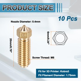 sourcing map 10 Pcs 0.4mm 3D Printer Extruder Nozzles 1.75mm Filament Brass Print Head High Speed Temperature Packed Wear Resistance Nozzle (20x6mm)