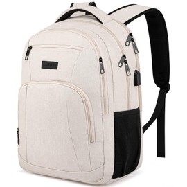 kamater School Backpack for Teens Boys,College Laptop Backpack Schoolbag with USB Port for Students，Computer Bookbag for Men and Women，Beige