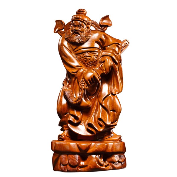 Wooden Sculpture Buddha Statue (Zhongshui Shouji) God of Evil Protection Statue Standing Statue High Quality Wood Carving Handmade Wooden Figurine [Object] Disaster Relief Feng Shui Buddha Statue Collection Wood Carving Buddha Amulet Figurine (18cm)