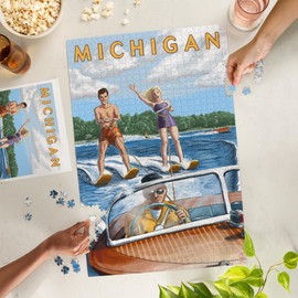 Lantern Press 1000 Piece Jigsaw Puzzle, Michigan, Water Skiing and Wooden Boat
