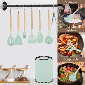 Cooking Utensils Set,19 Kitchen Set Utensils Set with 11 Pieces Spatula Cooking Utensils,Heat Resistant Silicone Utensils 6 Piece Sharp Knife Set 2 Pieces Utensil Cutting Board (Green 19 PCS Set)