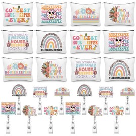 Kacctyen 24 Pcs Housekeeping Week Gifts Boho Makeup Bag Badge Holder Retractable Badge Reels Housekeeper Appreciation Gift for Housekeeping Week Housekeeper Gifts