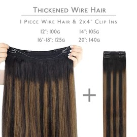 WENNALIFE Wire Hair Extensions (Increase 50% Lifespan) Real Human Hair 14 inch 105g Balayage Natural Black to Chestnut Brown Remy Real Hair Extensions Invisible Wire Human Fish Line