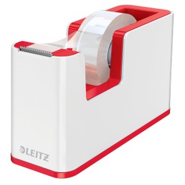 Leitz Wow Tape Dispenser, Heavy Base and Includes a Roll of Tape, Desk Sellotape Dispenser, White/Red, 53641026