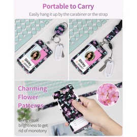 Pawfly Floral Sliding Badge Holder Purple Flower Plastic Case with Retractable Badge Reel Carabiner Clip & Detachable Lanyard Strap Fashionable Vertical Card Protector for Women Nurse Teacher Student