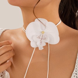 Yheahin Bohemian Butterfly Orchid Flower Choker Necklace Large Artificial Phalaenopsis Necklace Long Rope Wrap Neck Tie Hawaiian Beach Party Neck Jewelry for Women (White)