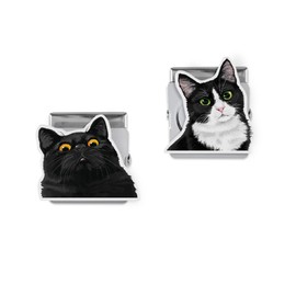 WIRESTER Set of 2 Stainless Steel Magnetic Clips for Home Office Fridge Lockers Whiteboard, Chip Bag Clips Paper Clamps for Food, Snack, Paper, Photo - Cute Black Bombay Kitten, Black White Tuxedo Cat