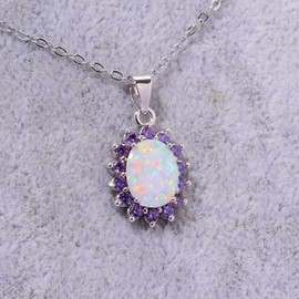 CiNily Opal Pendant Necklace-14K White Gold Plated White Fire Opal Amethyst Women Jewelry Gemstone Flower Necklace