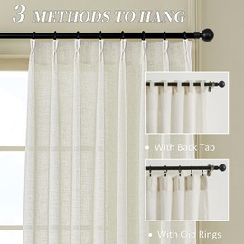 MASWOND Natural Pinch Pleated 96 Inch Curtains 2 Panels for Living Room Semi Sheer Linen Curtains Pinch Pleat Drapes for Traverse Rod Light Filtering Curtains with Hooks for Office Bedroom W50xL96