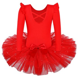 BAOHULU Ballet Leotards for Girls Full Skirted Dance Tutu Dress Party Costumes B185_DiamondRed_XXL, Sleeved Diamond Red, 6-7 Years