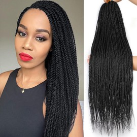 Samtress Mini Senegalese Twist Crochet Hair 24 Inch 8 Packs Small Twist Crochet Braids Hair Synthetic Hot Water Setting 25 Strands/Pack Black Crochet Hair For Women (#Black)
