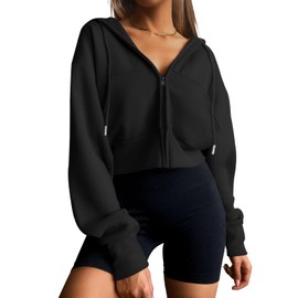 Trendy Queen Womens Zip Up Cropped Hoodies Long Sleeve Sweatshirts Casual Jackets Fall Fashion 2024 Winter Clothes Black L