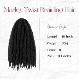 Marley Twist Braiding Hair 8 Packs Marley Twist Hair Cuban Twist Hair 24 Inch Afro Kinky Curly Twist Crochet Hair Cuban Twist Soft and Natural Hair 1B Black (1B, 18 inch)