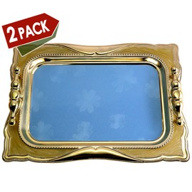 Maro Megastore (Pack of 2) 14.2 Inch x 10.2 Inch Rectangular Iron Gold Plated Serving Tray with Handles Pearl Floral Shape Edge Blue Decor Sticker Dessert Party Wine Candle Platter Plate CC-374