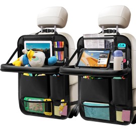 Zecirl 2Pack Car Backseat Organizer with Foldable Table Tray,6 Storage Pockets Car Storage Organizer with Tablet Holder,Car Seat Back Protectors Kick Mats Travel Accessories Black