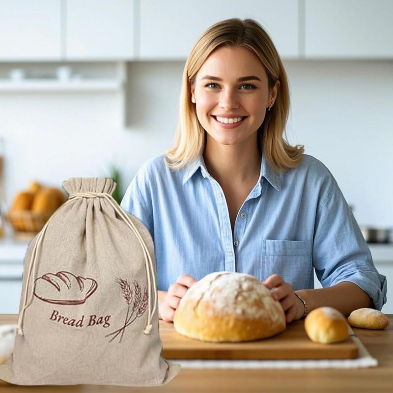 Pack of 2 Linen Bread Bags with TPU Inner Lining,