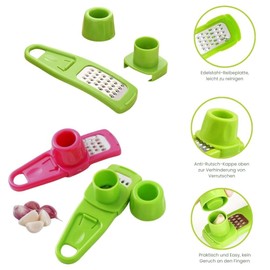 Set of 2 Garlic Peelers, Garlic Grater in Green and Pink for Vegetables, Fruits, Effortless Peeling and Grating in Seconds for Practical Use
