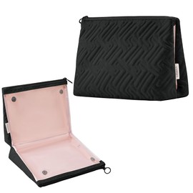 Makeup Bag Travel Essentials Cute Skincare Pouch Purse Cosmetic Bags for Women Traveling Make Up Organizer Portable Clear Case Toiletry Bag with Zipper (Black, Large)