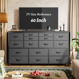 Romorgniz Dresser for Bedroom with 16 Fabric Drawers Long Dresser with Charging Station TV Stand for 60" TV Dressers & Chest of Drawers for Bedroom, Living Room, Closet, Grey