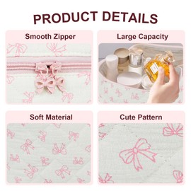 3Pcs Makeup Bag Cotton Quilted Travel Cosmetic Bag Cute Floral Makeup Pouch Large Toiletry Bag for Women Girls, Bow-Pink3, Daily