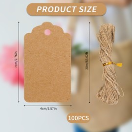 Kraft Paper Tags, 100 Pieces Blank Brown Paper Tag, 7 x 4cm with String Gift Tags for Wrapping, Christmas Decorations, Wedding, Favours Valentine's Day Birthday, Present Labeling