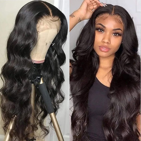 SKULD 33 x 10 cm Lace Front Wigs Body Wave Human Hair Wig, Natural Wave Real Hair Wig for Women, Black Wigs, 100% Brazilian Human Hair with Baby Hair, 150% Density, 46 cm