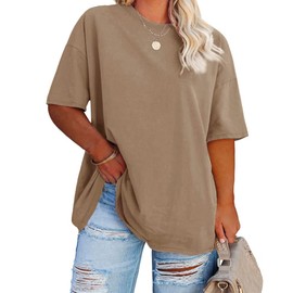 Fisoew Womens Plus Size T-Shirts Summer Oversized Half Sleeve Crew Neck Tunic Tops Tees Khaki