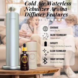 Di'Aroma Waterless Nebulizer Tower Diffuser for Aroma Oils Smart with Bluetooth App Control, Cold Air Technology, Odor Eliminator Oil for Home, Office, and Spa, Covers up to 1800 SqFt (Silver)