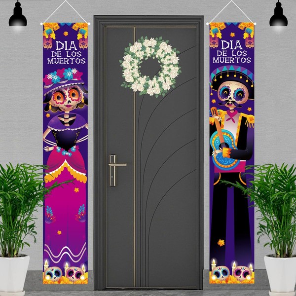 ASOONYUM 2Pcs Day of The Dead Porch Sign Banner Mexico Dia De Los Muertos Halloween Flag Welcome Hanging Home Wall Decor Party Supplies Decorations