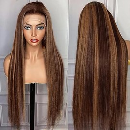 Salharer Real Hair Wig for Women Wigs Straight Human Hair Wig 13 x 6 Lace Front Wig Wigs Real Hair with Baby Hair Any Part Highlight Brown Colour 30 Inches