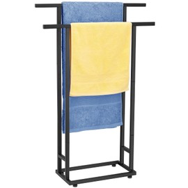 Standing Towel Racks for Bathroom, 2 Tier Bathroom Floor Free Standing Towel Rack, Tall Enough Pool Bath Drying and Dispaly Outdoor Stand for Storage, Black Freestanding Blanket Holder, ALHAKIN