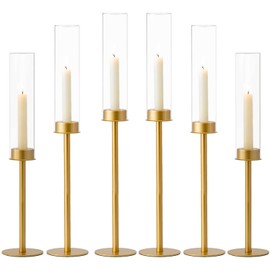Hewory Gold Candle Holders Tall Hurricane Candlestick Holders: 6Pcs Brass Taper Candle Holder Candelabra Centerpieces, Candle Stick Candle Holder with Candle Cover for Wedding Dinner Christmas Decor