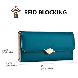 Roulens Wallet for Women RFID Blocking PU Leather Leaf Pendant Card Holder Phone Checkbook Organizer Zipper Coin Purse