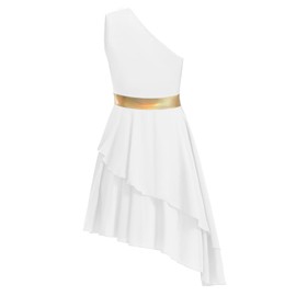 ZYACTU Women's Praise Dance Dress One Shoulder Liturgical Worship Overlays Dress Irregular Hem Lyrical Dancewear Tag XL-White