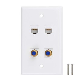 Ethernet Coax Wall Plate - Cat6 F Type Wall Plate, 2 Port Cat6 Keystone and 2 Port F Type Connector Coax Keystone - White