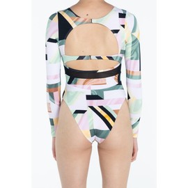 SWMR Women’s Long Sleeve V Neck Waist Defining Keyhole Back Rashguard One Piece Swimsuit (US, Alpha, Medium, Regular, Regular, Pool Tile Print)