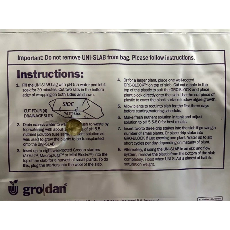 Grodan Uni-Slab Rockwool 9.5"x8"x4" Singles For Hydroponic Gardening