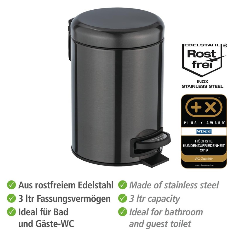 WENKO 3 Litre Anti-Fingerprint Bin, Stainless steel, Black, 17 x