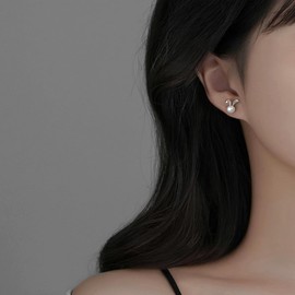 Cute Rabbit Pearl Stud Earrings, Sparkling Cubic Zirconia Flat Back Cartilage Piercing Earrings, Birthday Easter Jewelry Gifts for Women Teen Girls (Silver)