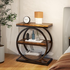 IBUYKE Narrow End Table with 3 Storage Shelves, Industrial Sofa Side Table, Double Round Metal Frames, Slim Nightstand and Bedside Table for Bedroom, Living Room, Rustic Brown UTMJ418H