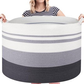 Storage Basket Large Cotton Rope Basket 21.7"x 21.7" x 13.8"  Laundry Basket with Handle Big Basket Soft Nursery Cube Bin Laundry Hamper for Living Room(Gradient Grey)