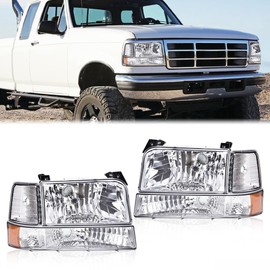 PIT66 Headlights Assembly Front Headlamp w/Corner Signal Lamp & Bumper Lamps Compatible with Ford F150 Bronco 1992-1996 /Fit Ford F250 F350 1992-1997, Clear lens Chrome Houing Amber Reflector
