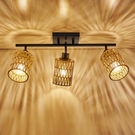 AIBISOD 3-Light Rattan Ceiling Lighting Kits Track Lighting Fixture with Boho Farmhouse Style, Modern Bathroom Light Fixtures Black Spotlight and Rattan Shades for Kitchen Bathroom Living Room Hallway