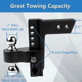 Black Adjustable Trailer Hitch Fits 2.5" Receiver | 8" Drop/Rise Heavy Duty Aluminum Drop Hitch | Dual Towing Ball 2" and 2-5/16" with Double Stainless Steel Locks | 18500 LBS GTW Tow Hitch