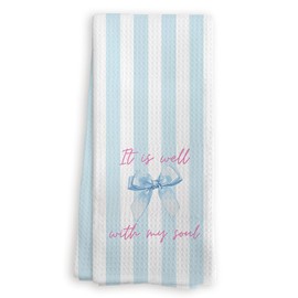 Bnwepo Coquette Blue Bow Striped Christian Kitchen Towels, It is Well with My Soul Bible Verse Decor Dish Tea Towels for Kitchen, Preppy Girly Blue Hand Towels for Bathroom Decor, 16x24 Inches