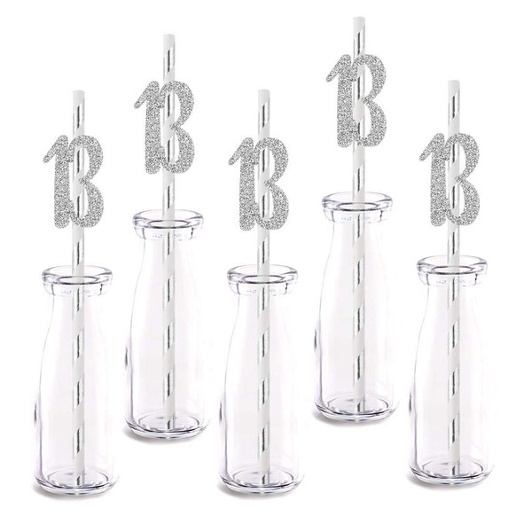 Silver Happy 13th Birthday Straw Decor, Silver Glitter 24pcs Cut-Out Number 13 Party Drinking Decorative Straws, Supplies