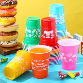 Jingmore 60 Pcs Hawaiian Luau Plastic Cups 16 oz Disposable Tropical Flamingo Palm Leaves Plastic Drinking Cups for Summer Aloha Luau Tiki Party Supplies